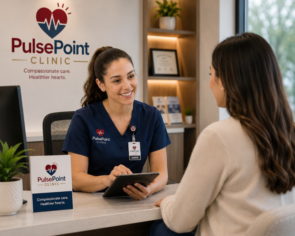 PulsePoint Clinic nurse consulting with a patient in a bright, modern outpatient setting with PulsePoint branding visible.